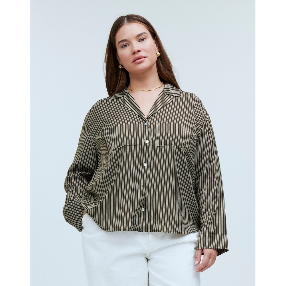 NWT Madewell Resort Striped Shirt Womens Plus 2X Brown White Stripe Seersucker